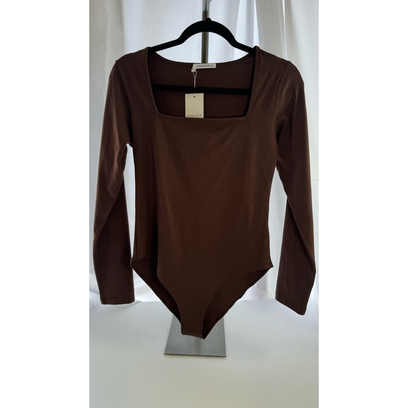 MANGOPOP Women's Square Neck Long Sleeve Tops Bodysuit brown Medium - Picture 3 of 6